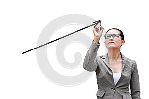 Young Business woman using pen writing straight arrow on air isolated on white background