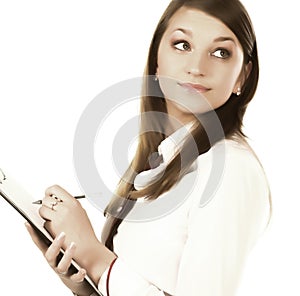 Young business woman on white background