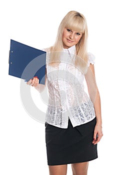 Young business woman with white hair with a tablet for writing