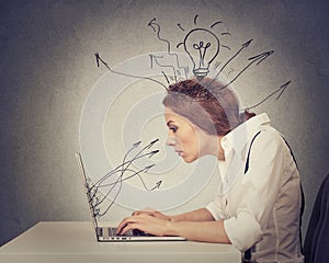 Young business woman working typing on computer in office