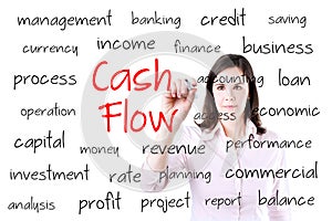 Young business woman writing cash flow concept. Isolated on white.