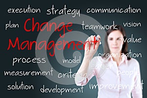 Young business woman writing change management concept