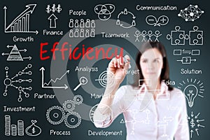 Young business woman writing concept of efficiency business process. Blue background. photo