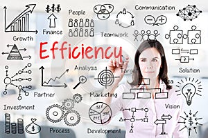 Young business woman writing concept of efficiency business process. Office background.