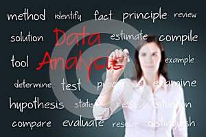 Young business woman writing data analysis concept