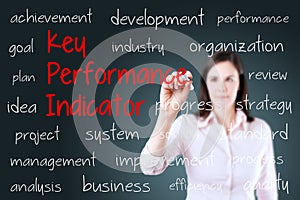 Young business woman writing key performance indicator (kpi) concept. Blue background.