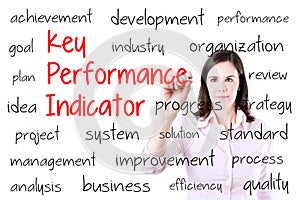 Young business woman writing key performance indicator (kpi) concept. Isolated on white.