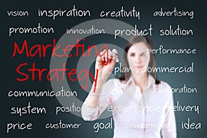 Young business woman writing marketing strategy concept