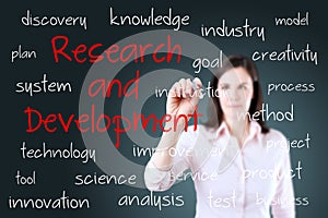 Young business woman writing research and development concept