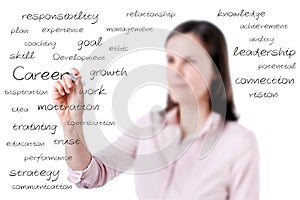 Young business woman writing something, on the screen isolated on white background.