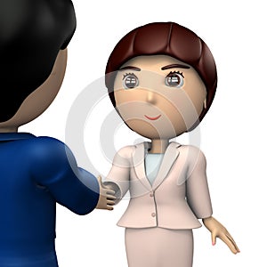 Young business women are shaking hands with their business partners. In a pink suit, she has big eyes and a smile. 3D rendering.