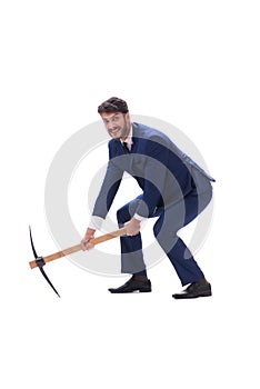 Young businessman with axe isolated on white background photo