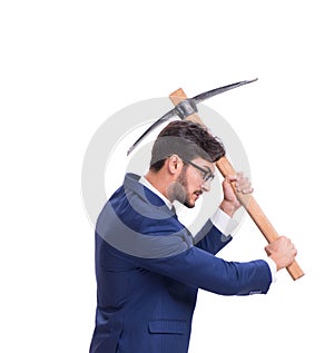 Young businessman with axe isolated on white photo