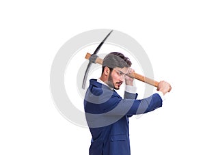 Young businessman with axe isolated on white photo