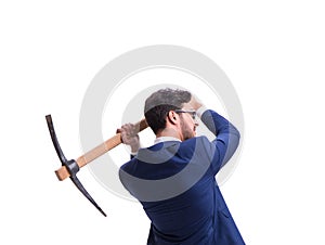 Young businessman with axe isolated on white photo