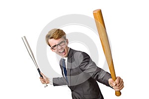 Young businessman with baseball bat isolated on