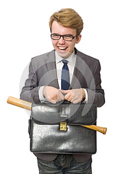 Young businessman with baseball bat isolated on