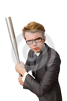 Young businessman with baseball bat isolated on