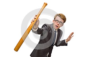 Young businessman with baseball bat isolated on