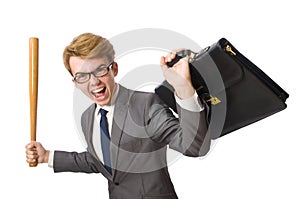 Young businessman with baseball bat isolated on