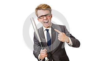 Young businessman with baseball bat isolated on