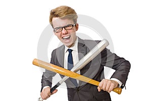 Young businessman with baseball bat isolated on