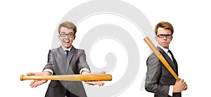 Young businessman with baseball bat isolated on white