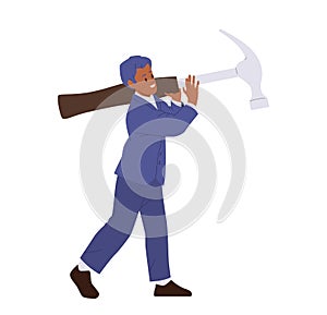 Young businessman cartoon character wearing formal suit carrying giant hammer vector illustration