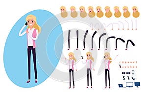 Young Businessman character creation set for animation. Set of business woman using smartphone. Parts body template.