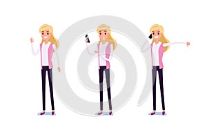 Young businessman character design. Set of business woman acting in suit using smartphone ,talking via phone and making selfie