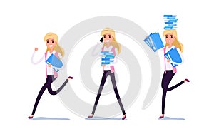 Young businessman character design. Set of business woman acting in suit working in office, Different emotions, poses and running