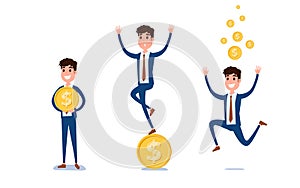 Young businessman character design. Set of guy acting in suit with money, Different emotions, poses and running, walking, standing