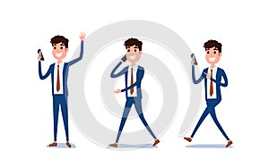 Young businessman character design. Set of guy acting in suit using smartphone ,talking via phone and selfie in various pose