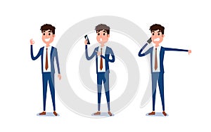 Young businessman character design. Set of guy acting in suit using smartphone ,talking via phone and selfie in various pose