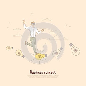 Young businessman, cheerful entrepreneur in vr headset, entrepreneurship metaphor, business innovation banner