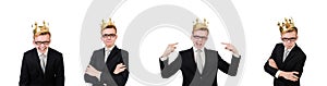 Young businessman with crown isolated on white