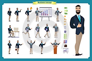 Young businessman.Different poses and emotions, running, standing, sitting, walking, happy, angry.