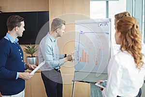 Young businessman discussing over whiteboard with team