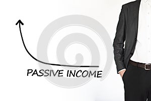 Young businessman drawing PASSING INCOME diagram concept. Isolated on white