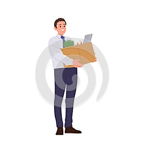 Young businessman or employee worker cartoon character moving to new office isolated on white