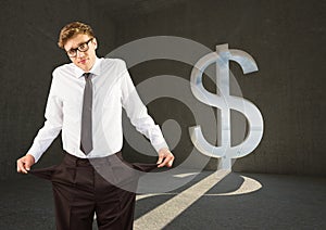 Young businessman with empty pockets in a dollar room