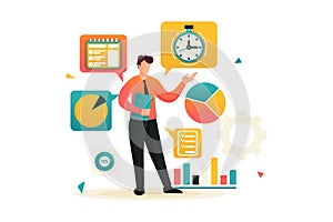 Young businessman is engaged in time management. Planning your time. Flat 2D character. Concept for web design