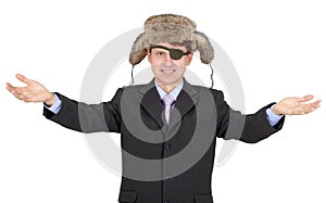 Young businessman with a eye-patch in fur hat