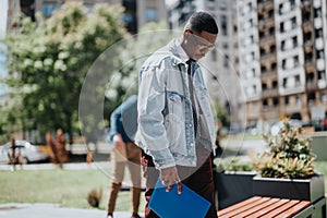 Young businessman with a folder walking in a sunny city park