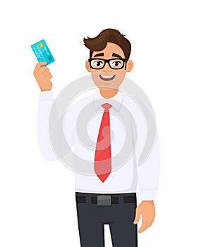 Young businessman in formal wear with red colour tie holding or showing a credit Debit, ATM card. Male character design.