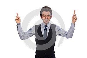 The young businessman in funny concept on white