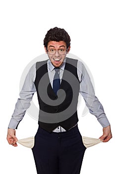 The young businessman in funny concept on white