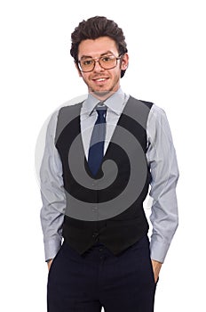 The young businessman in funny concept on white