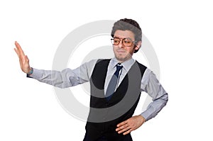 The young businessman in funny concept on white