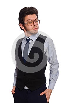 The young businessman in funny concept on white
